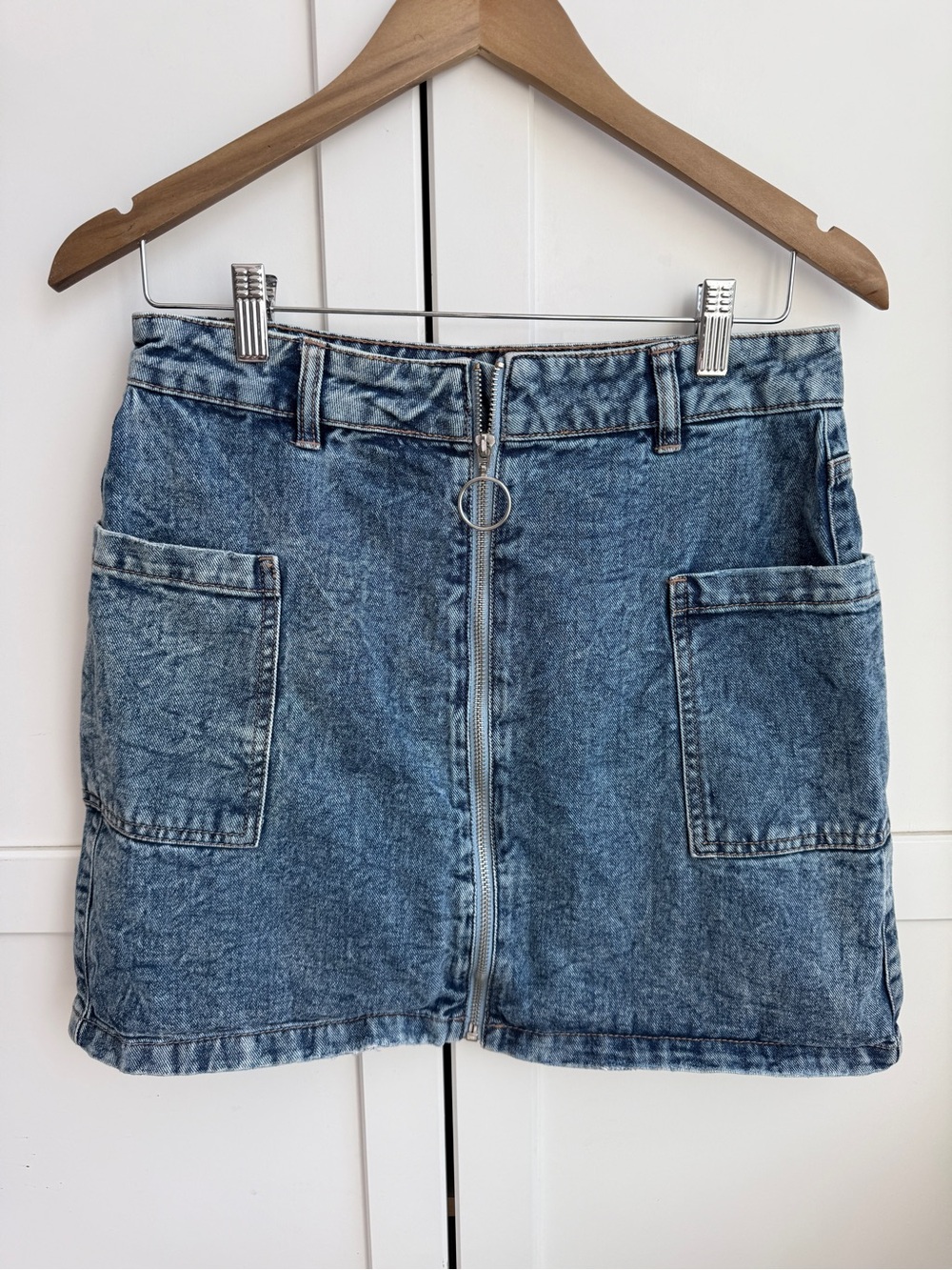 Denim Y2K Acid Wash Mini Skirt Ring Zip Size M 90s Revival Festival Grunge